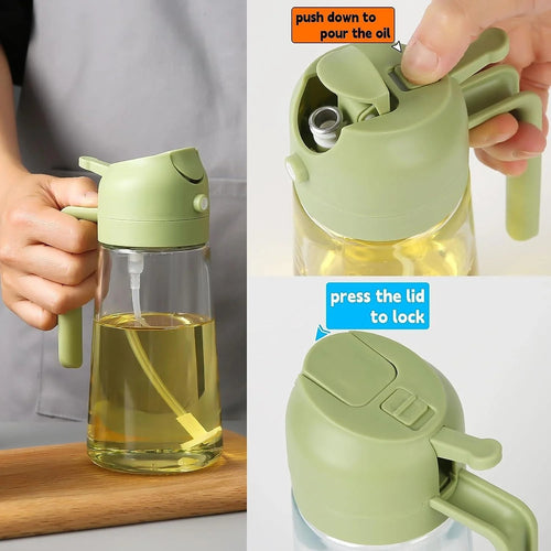 2-in-1 Oil Spray Bottle | Adjustable Mist & Dispenser | 470ml Leak-Proof Glass Container | For Cooking, BBQ, Baking & Air Fryer 470ml (Random Color)