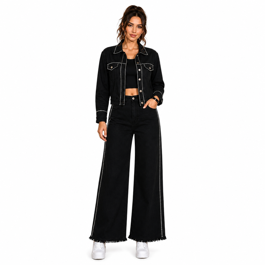 Women’s Black Embellished Wide Leg Jeans