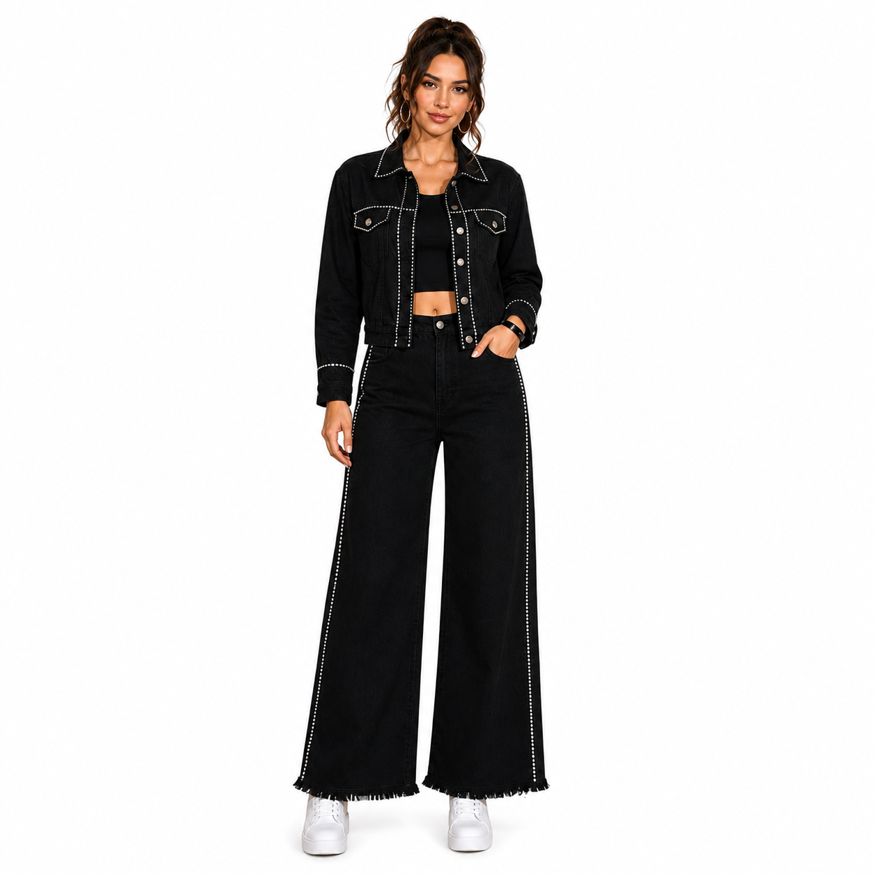 Women’s Black Embellished Wide Leg Jeans