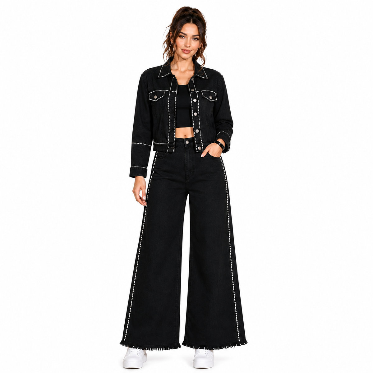 Women’s Black Embellished Wide Leg Jeans