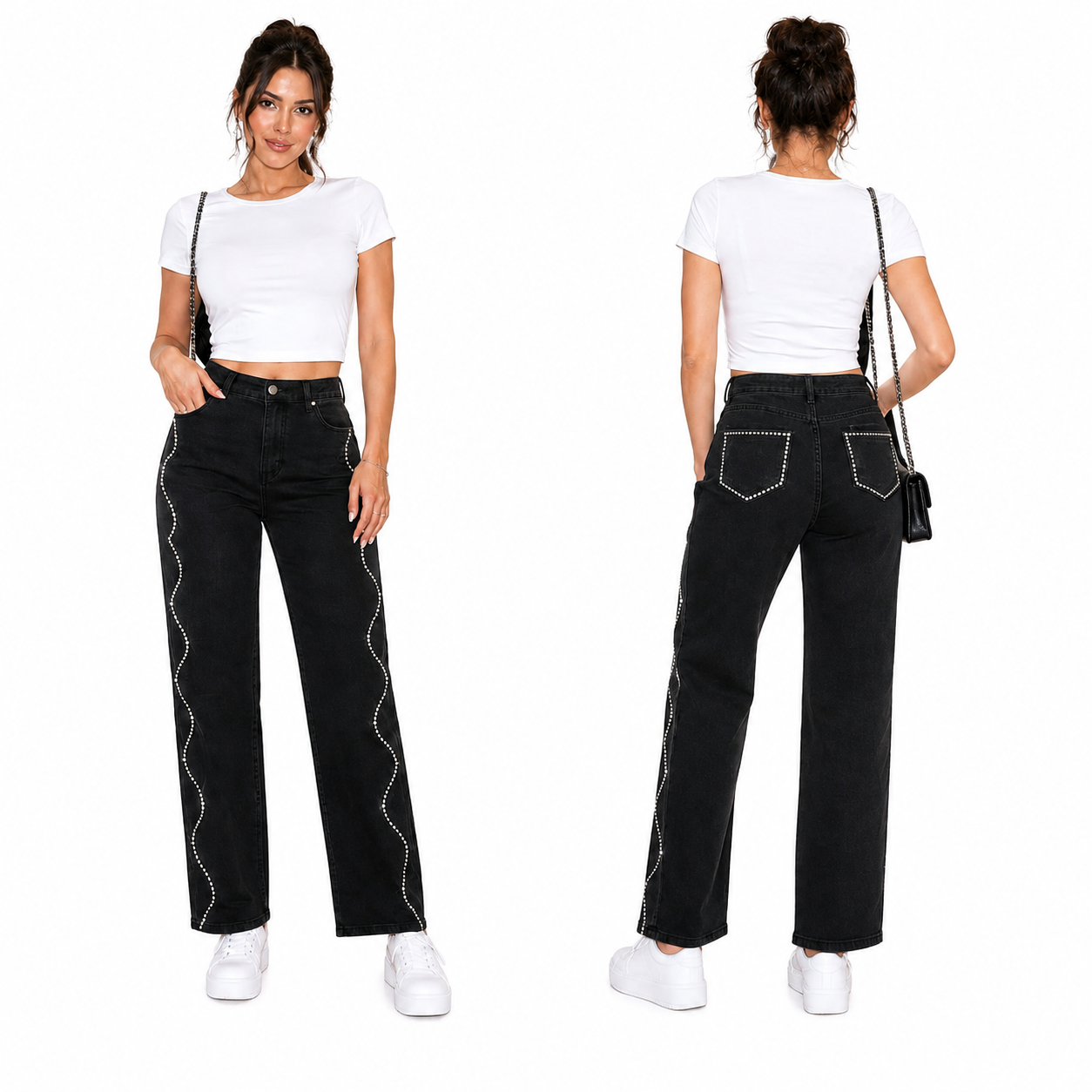 Women’s Black Embellished Wide Leg Jeans