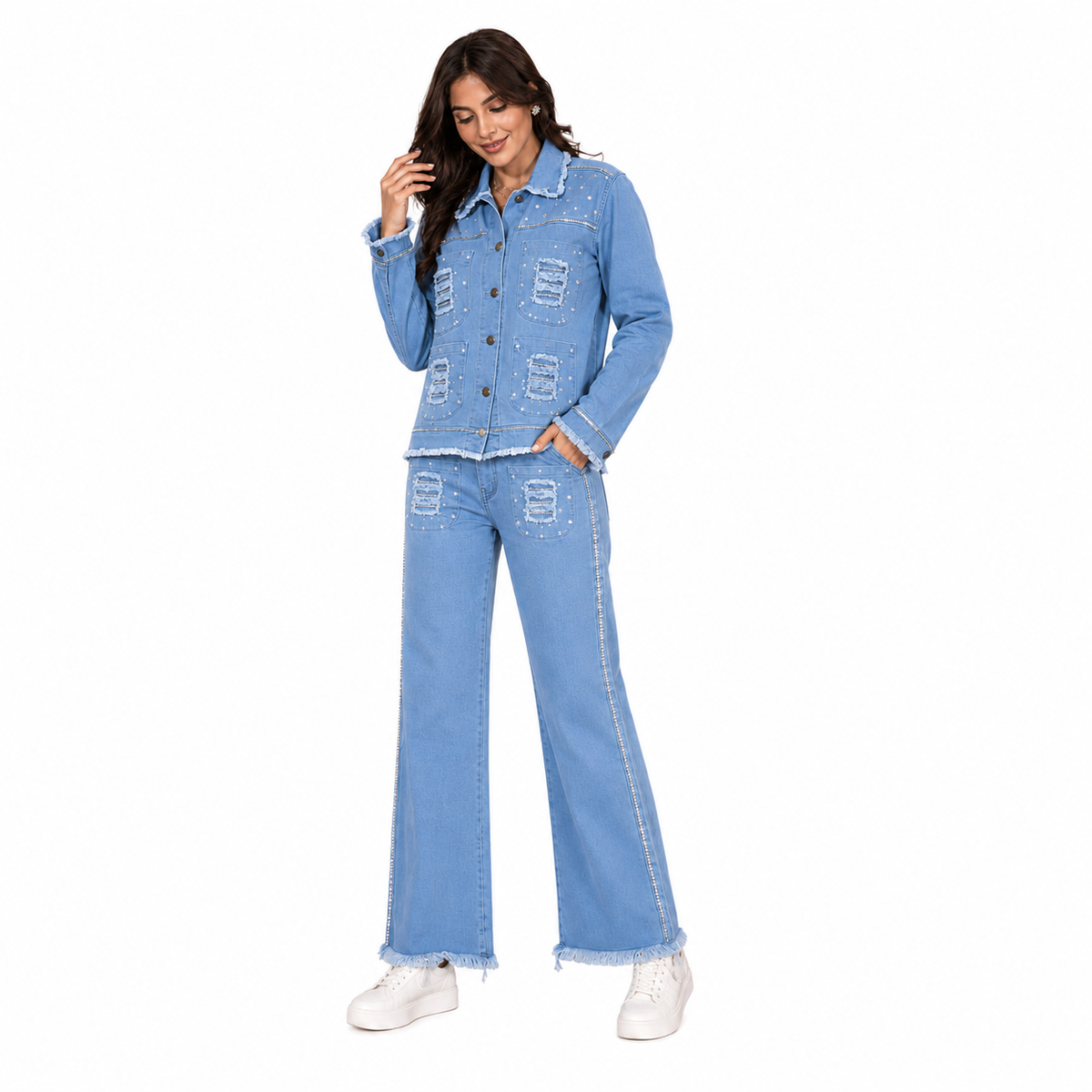 Women’s Stone Embellished Wide Leg Denim Trousers