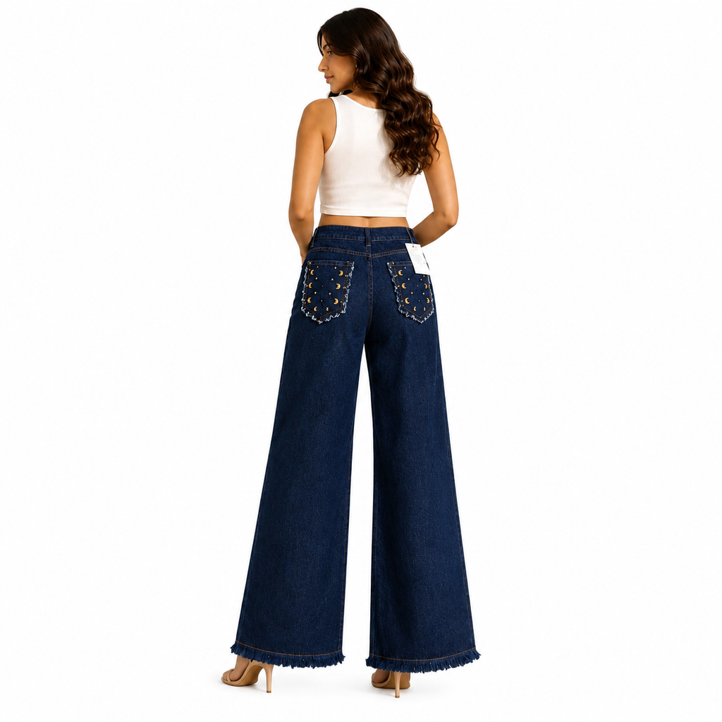 Kundan Moon Wide Leg Denim Pants