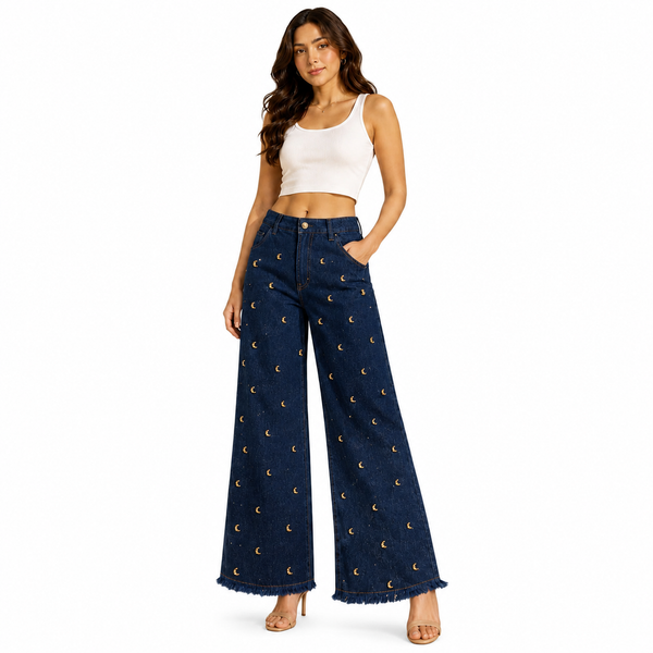 Kundan Moon Wide Leg Denim Pants