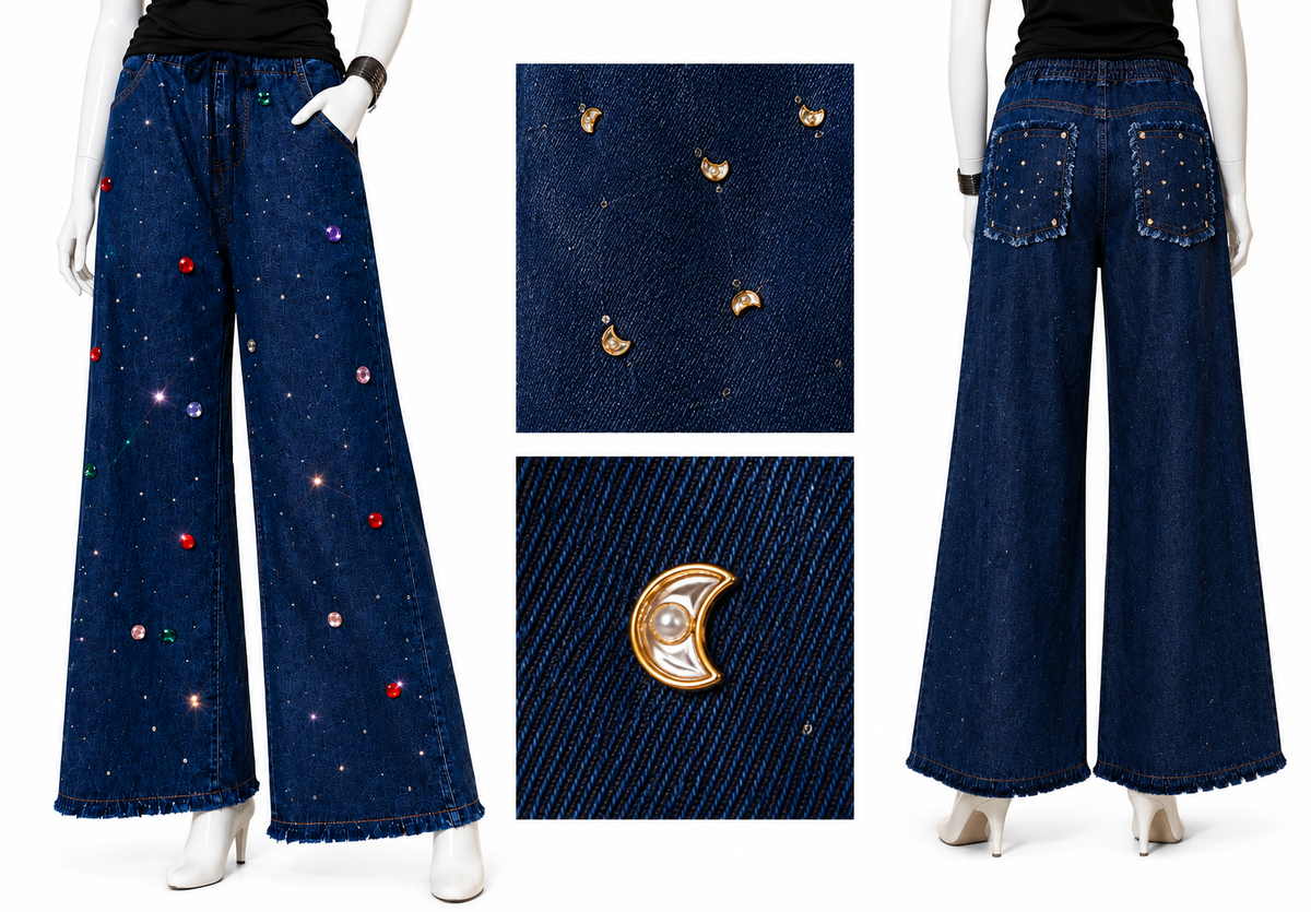 Kundan Moon Wide Leg Denim Pants