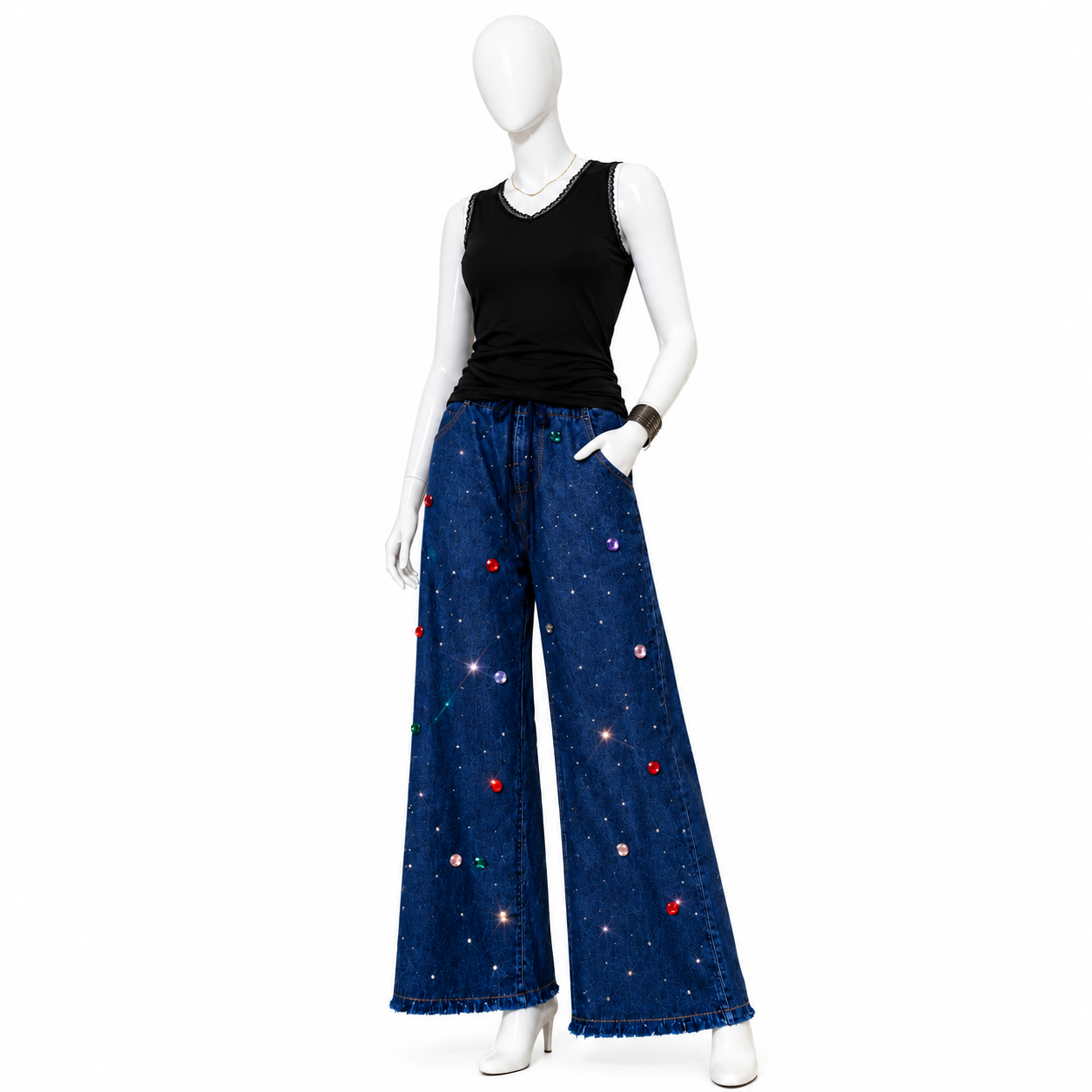 Women’s Dark Blue Embellished Wide Leg Denim Trouser