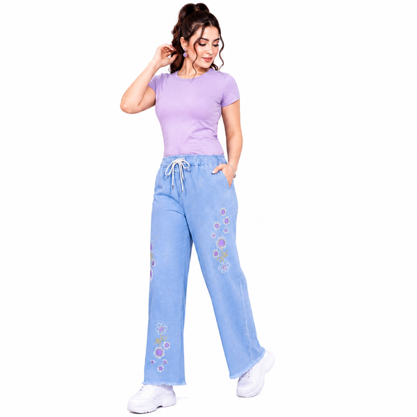 Women’s Light Blue Embroidered Wide Leg Pants
