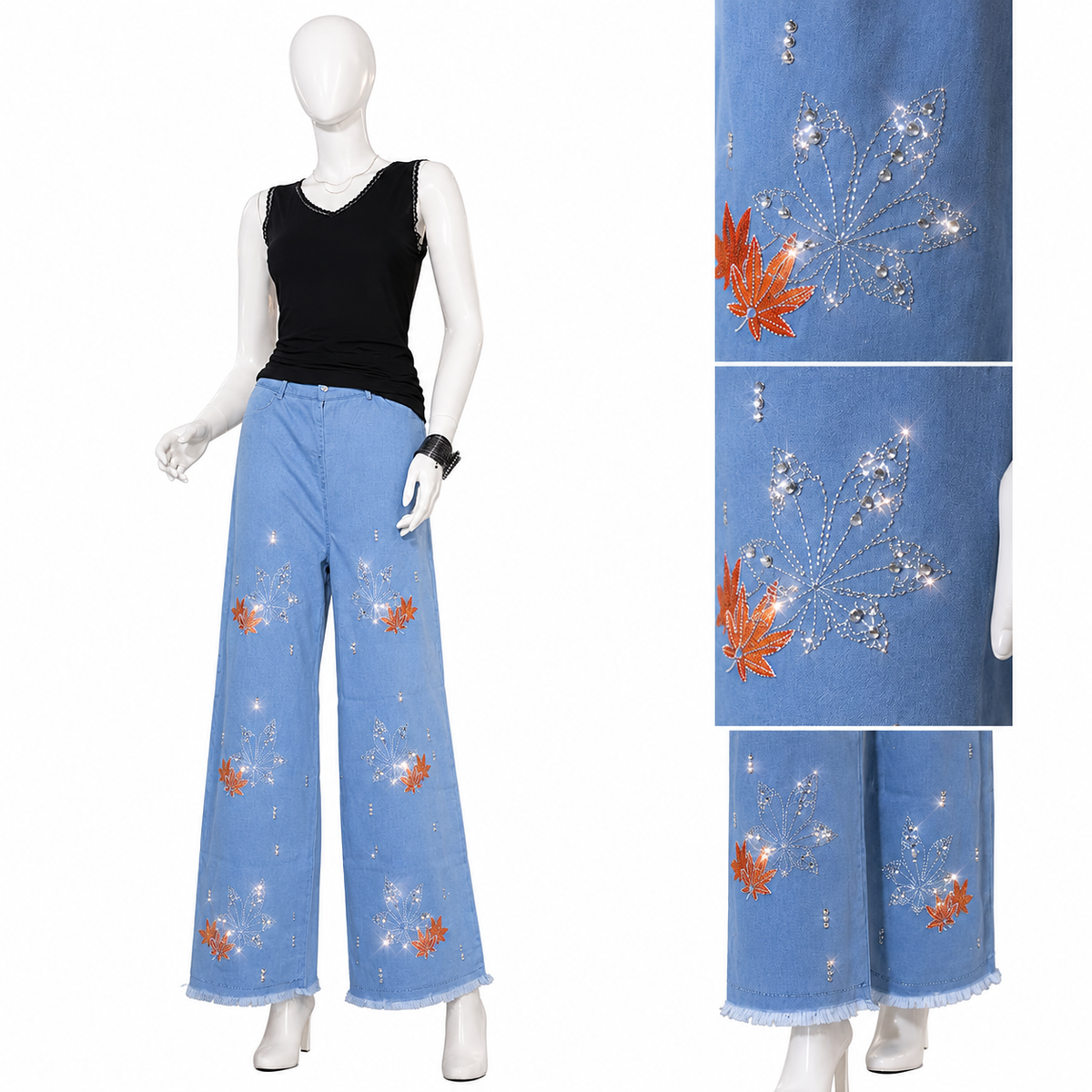 Women’s Light Blue Embroidered Wide Leg Pants