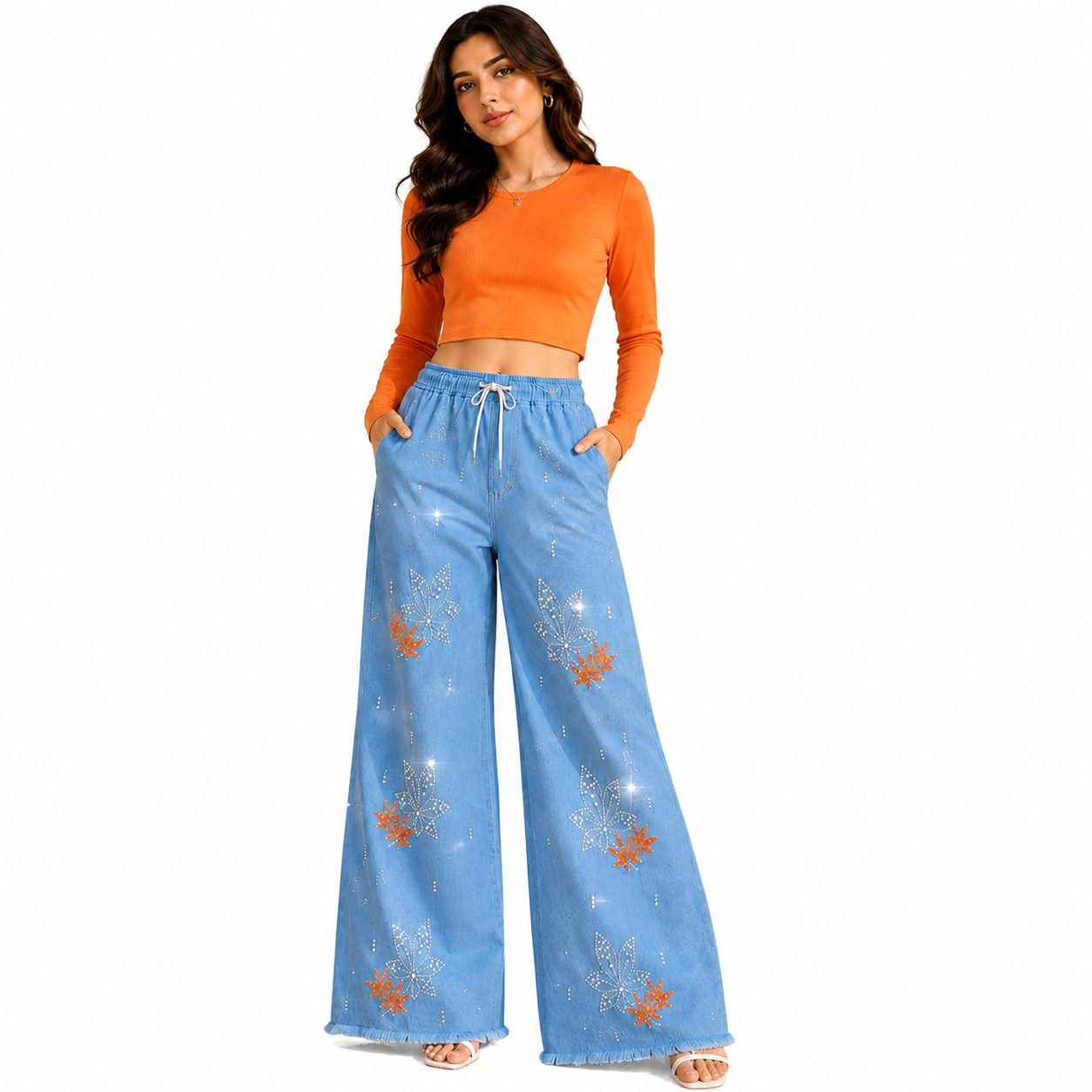 Women’s Light Blue Embroidered Wide Leg Pants