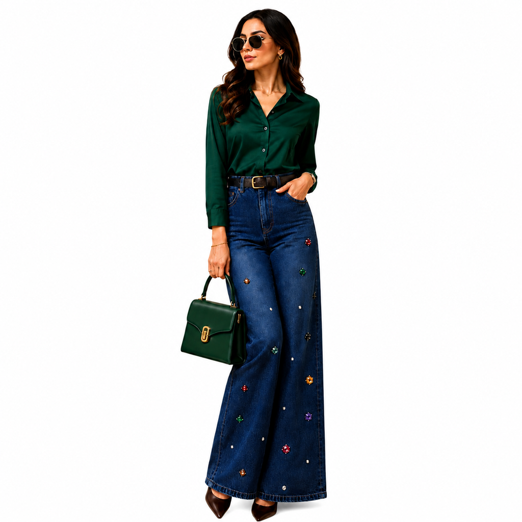 Imported Women's Wide Leg Embellished Jeans