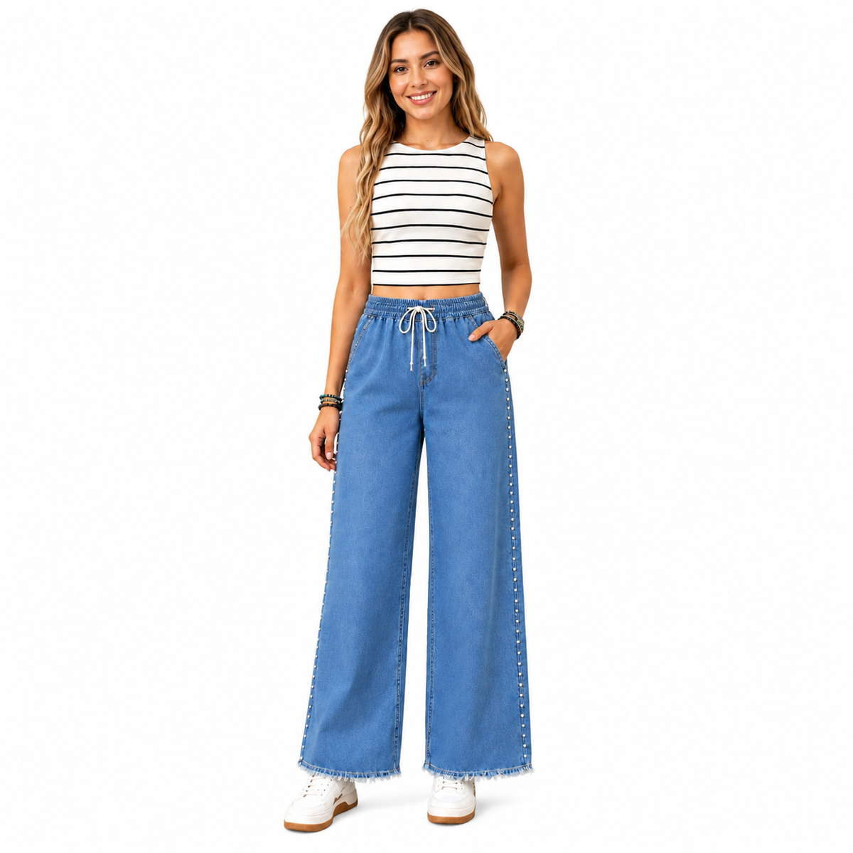 Women’s Wide Leg Studded Denim Trousers