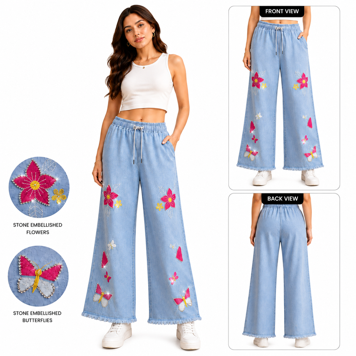 Women's Embellished Wide Leg Denim Pants