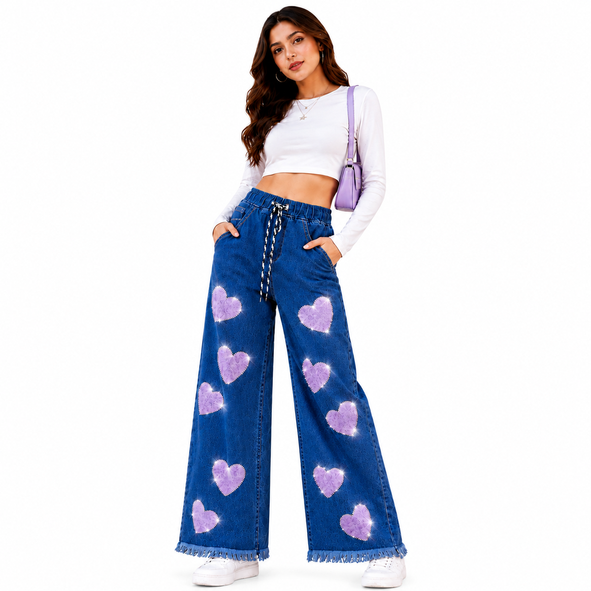 Women's Embellished Wide Leg Denim Pants