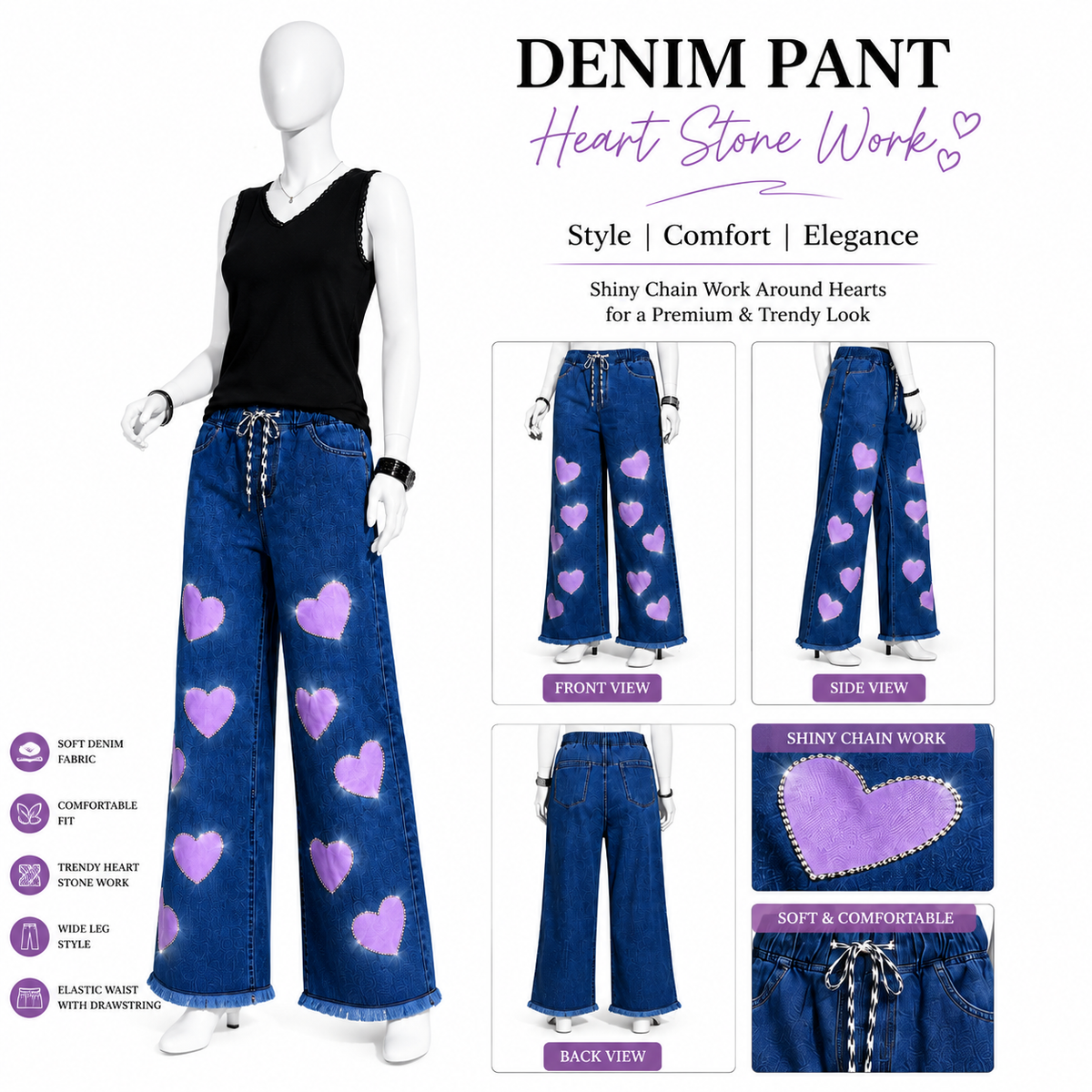Women's Embellished Wide Leg Denim Pants