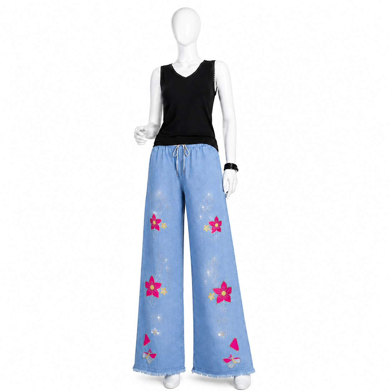 Women's Embellished Wide Leg Denim Pants