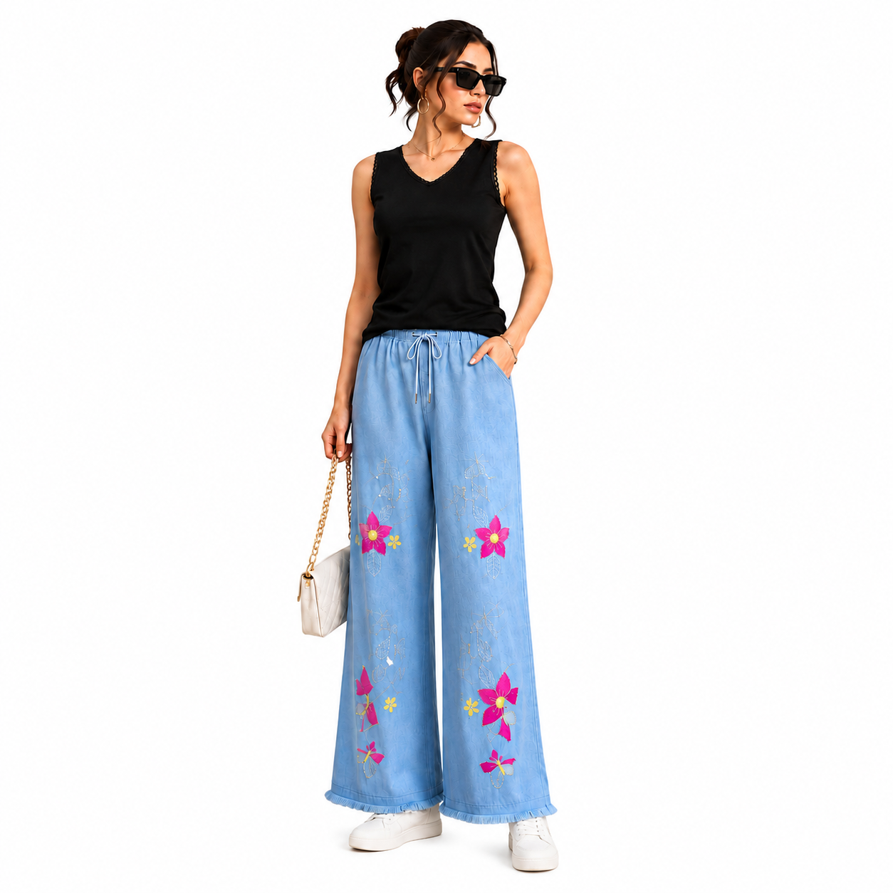 Women's Embellished Wide Leg Denim Pants